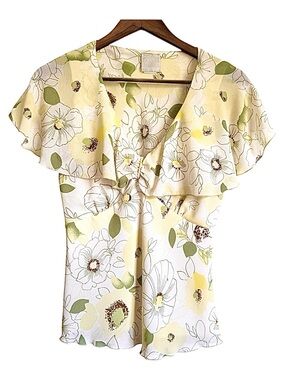 B Moss Vintage 90's Floral Ruffle V-Neck Women's TopYellow and Green Size Medium